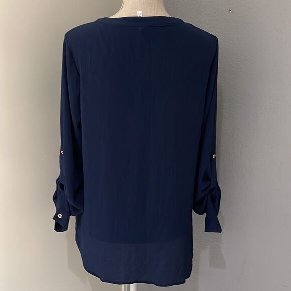 D.N.A. Couture long sleeve soft navy blouse with tie up sleeves w/ gold buttons - Picture 4 of 5
